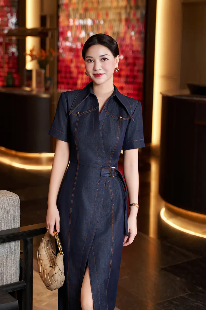 [KIAS x HannahOlala] Indigo Poise – Váy liền lụa jean xanh - K6