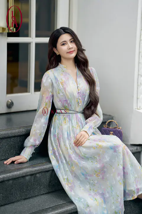 Đầm 12: Đầm tơ hoa tím Hạt dẻ - H2
